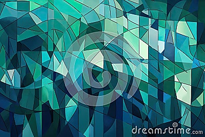 mosaic of overlapping cubist shapes in cool shades of blue and green, creating a soothing and calming wallpaper design Stock Photo