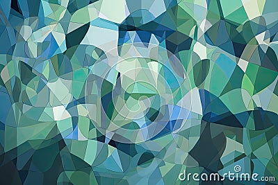 mosaic of overlapping cubist shapes in cool shades of blue and green, creating a soothing and calming wallpaper design Stock Photo