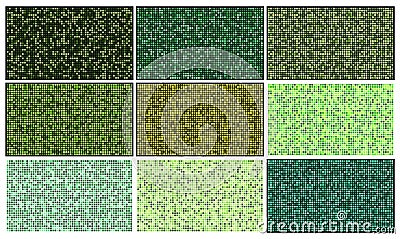 Mosaic patterns set. Green square abstract wallpaper collection. Backgrounds with pixel grid effect. Template of geometric blocks Vector Illustration