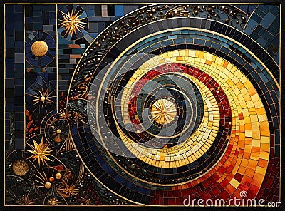 Mosaic Piece: Spiral Design Gold Blue Treasure Planet Rich Deep Stock Photo