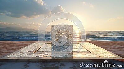 A mosaic podium on a pristine beach, where the sun-kissed sand complements its understated elegance Stock Photo