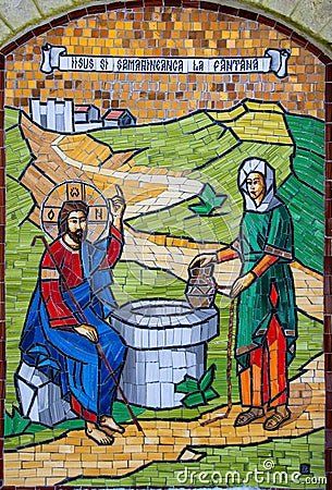 mosaic representing Jesus and a Samaritan woman at the fountain in Ramet Monastery Editorial Stock Photo