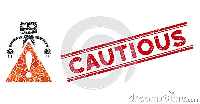 Robot Warning Mosaic and Grunge Cautious Watermark with Lines Vector Illustration