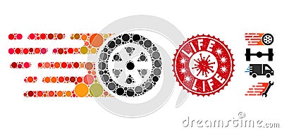 Mosaic Rush Car Wheel Icon with Coronavirus Textured Life Stamp Vector Illustration