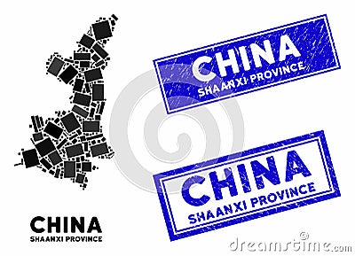 Mosaic Shaanxi Province Map and Scratched Rectangle Watermarks Vector Illustration