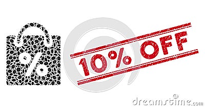 Mosaic Shopping Discount Icon with Scratched 10 Percent Off Line Stamp Vector Illustration