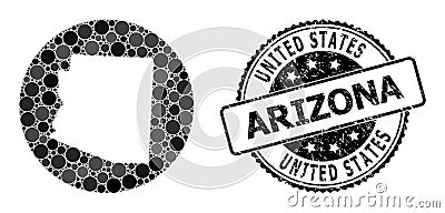 Mosaic Stencil Circle Map of Arizona State and Rubber Stamp Vector Illustration