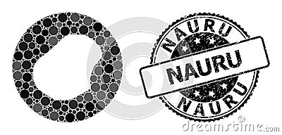 Mosaic Stencil Round Map of Nauru and Grunge Stamp Vector Illustration