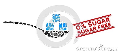 Mosaic Sugar Spoon Icon with Textured 0 Percent Sugar Free Line Seal Vector Illustration