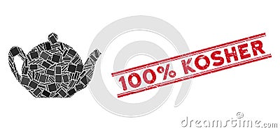 Teapot Mosaic and Scratched 100 Percent Kosher Stamp with Lines Vector Illustration