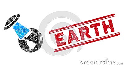 UFO Explores Earth Mosaic and Grunge Earth Seal with Lines Vector Illustration