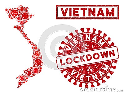 Mosaic Vietnam Map and Scratched Lockdown Seals Stock Photo