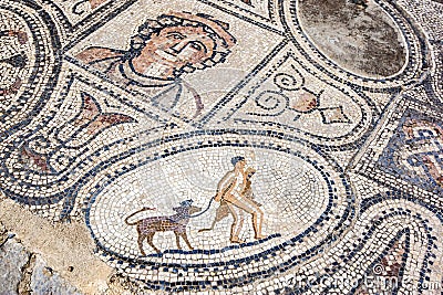 A mosaic at Volubilis in Morocco showing Hercules capturing and returning with his pet Cerberus, a three-headed dog. Stock Photo