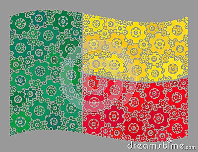 Waving Mechanic Benin Flag - Mosaic with Gear Icons Vector Illustration