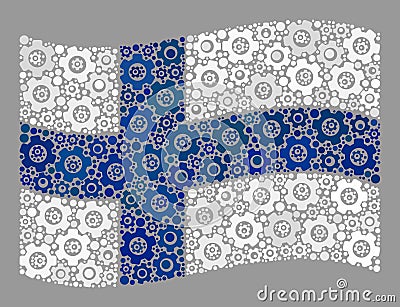 Waving Industrial Finland Flag - Mosaic with Cog Items Vector Illustration