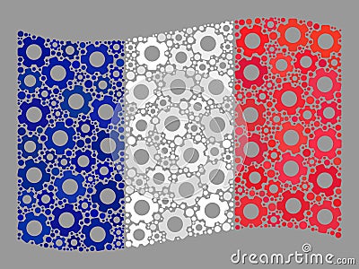 Waving Service France Flag - Collage of Cog Objects Vector Illustration