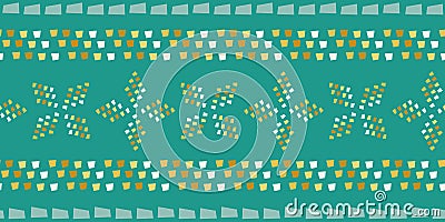 Mosaic windmill shapes and stripes border design in hues of gold and white. Seamless vector pattern on teal background Vector Illustration