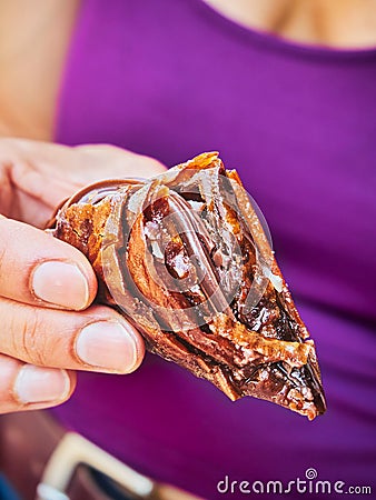 Chocolate Trigona Panoramatos, typical Greek phyllo sweet. Stock Photo