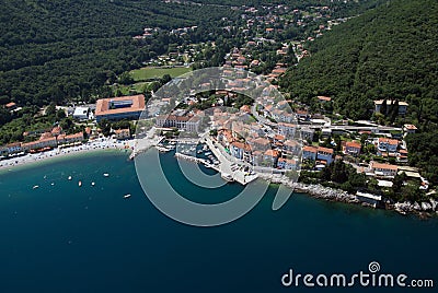 Moscenicka draga bay and long natural grit sand beach air photo in Croatia Stock Photo