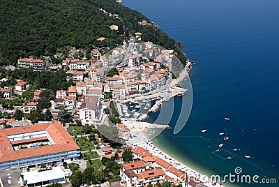 Moscenicka draga bay and long natural grit sand beach air photo in Croatia Stock Photo