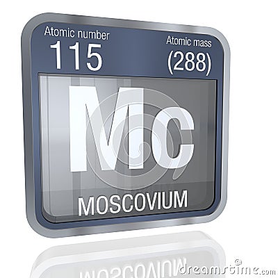 Moscovium symbol in square shape with metallic border and transparent background with reflection on the floor. 3D render Stock Photo