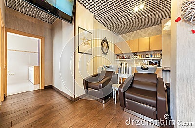 MOSCOW - APRIL 2015: Interior of luxury beauty salon Philosofiya Stilya. Hair room. Editorial Stock Photo