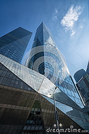 MOSCOW - AUGUST 31, 2017: Futuristic view of Moscow-City skyscrapers. Moscow-City (Moscow International Business Center) is a mod Editorial Stock Photo