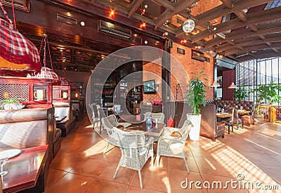 MOSCOW - AUGUST 2014: Interior of a luxury disco bar restaurant with a banquet hall and cafeteria Editorial Stock Photo