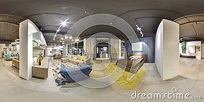 Moscow - 2018: Beautiful fashionable interior of furniture design store in modern mall with loft interior. Concrete floor with dar Editorial Stock Photo