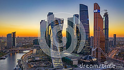 Moscow city skyline aerial view, Moscow International Business and Financial Center at sunset with Moscow river, Russia Editorial Stock Photo
