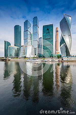 Moscow City skyline. Moscow International Business Centre at day time with Moskva river Editorial Stock Photo