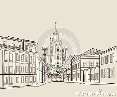 Moscow city street view with famous Stalin skyscraper building on background. Travel Russia engraving skyline Stock Photo