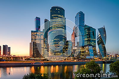 Moscow cityscape with skyscrapers of Moscow-City at sunset, Russia Stock Photo