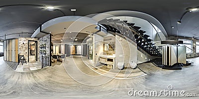 Moscow - 2018: 3D spherical panorama with 360 degree viewing angle of Beautiful fashionable interior of furniture design store mod Editorial Stock Photo