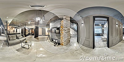 Moscow - 2018: 3D spherical panorama with 360 degree viewing angle of Beautiful fashionable interior of furniture design store mod Editorial Stock Photo