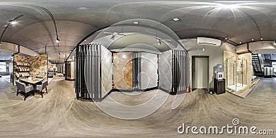 Moscow - 2018: 3D spherical panorama with 360 degree viewing angle of fashionable interior of design store modern mall loft cerami Editorial Stock Photo