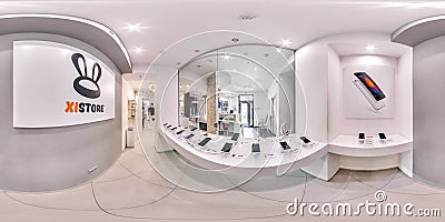 Moscow - 2018: 3D spherical panorama with 360 degree viewing angle of fashionable interior of electronics store with phones. Ready Editorial Stock Photo