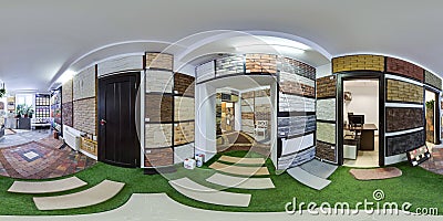 Moscow-2018: 3D spherical panorama with 360 degree viewing angle of the hardware store interior with paving slab and decorative ti Editorial Stock Photo