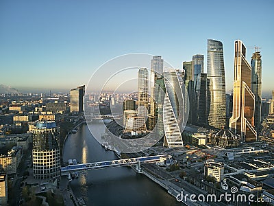 Moscow International Business Center and Moscow urban skyline after sunset. Panorama. Aerial view Stock Photo