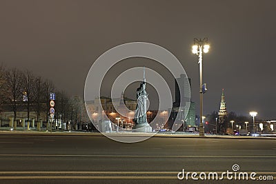 Monument to Vladimir the Great in Borovitskaya square, the center of Moscow. Winter night view. Editorial Stock Photo