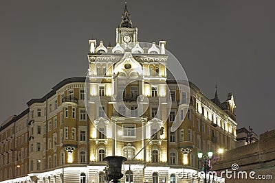 Revenue house of Rossiya insurance company in Sretensky boulevard. Winter night view. Editorial Stock Photo