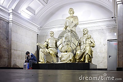 Sculptural composition at the end of the hall of Belorusskaya underground station. Interior view. Editorial Stock Photo