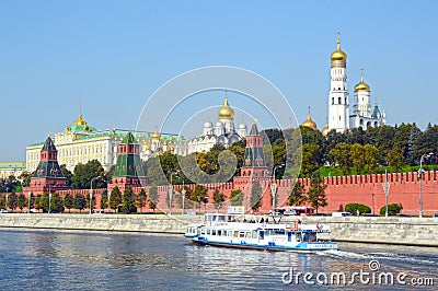 The Moscow Kremlin Moscow River The Kremlin wall Steamboat Editorial Stock Photo