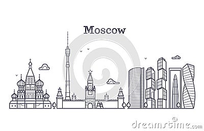 Moscow linear russia landmark, modern city skyline, vector panorama with soviet buildings Vector Illustration