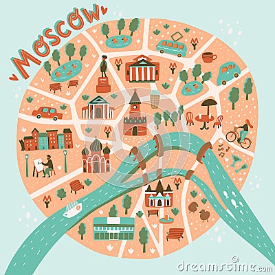 Moscow map illustration in cute cartoon style with doodle details Vector Illustration