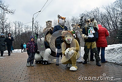 Saint Patrick`s Day celebration in Moscow. Men and women in carnival costumes Editorial Stock Photo