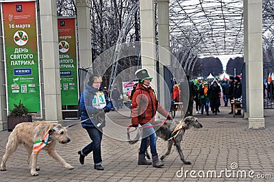 Saint Patrick`s Day celebration in Moscow. Men and women in carnival costumes Editorial Stock Photo