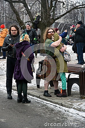 Saint Patrick`s Day celebration in Moscow. Men and women in carnival costumes Editorial Stock Photo