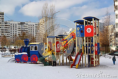 Moscow, Moscow - February 20.2016. Playground structure in courtyard of a multistory apartment building Editorial Stock Photo