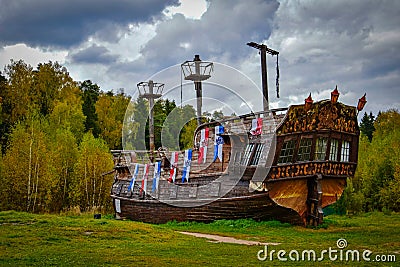 Pirate ship wooden layout in Piligrim Porto cinema park Stock Photo